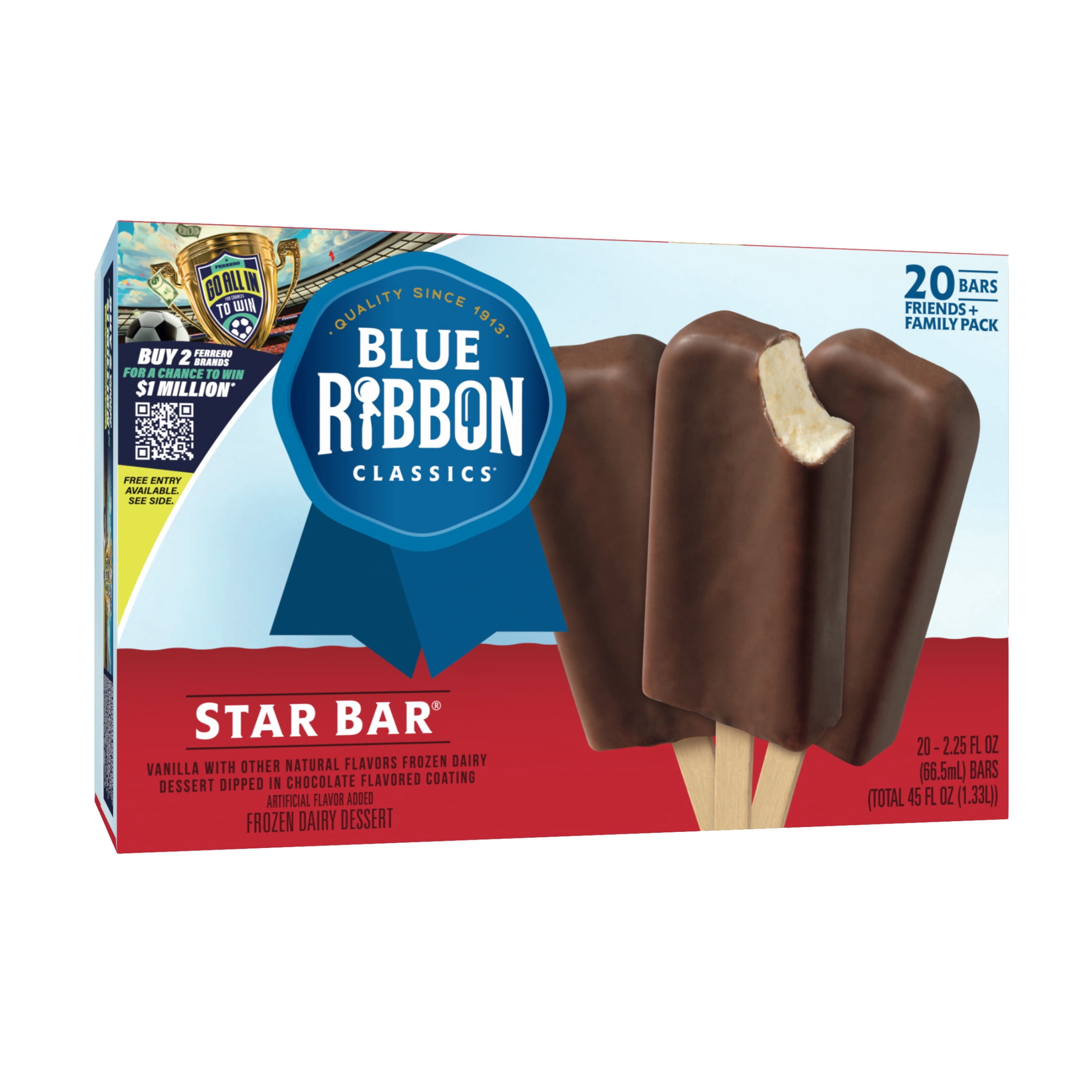 Blue Ribbon Classics Star Chocolate Flavored Coated Artificially Vanilla Flavored Frozen Dessert Treat Bar, 45 fl oz, 20 Pack