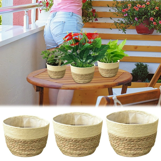 Cesta de jardinera de pastos marinos con forro de plástico - Cubierta grande de 9,8 pulgadas para maceta tejida para plantas de interior y almacenamiento en casa