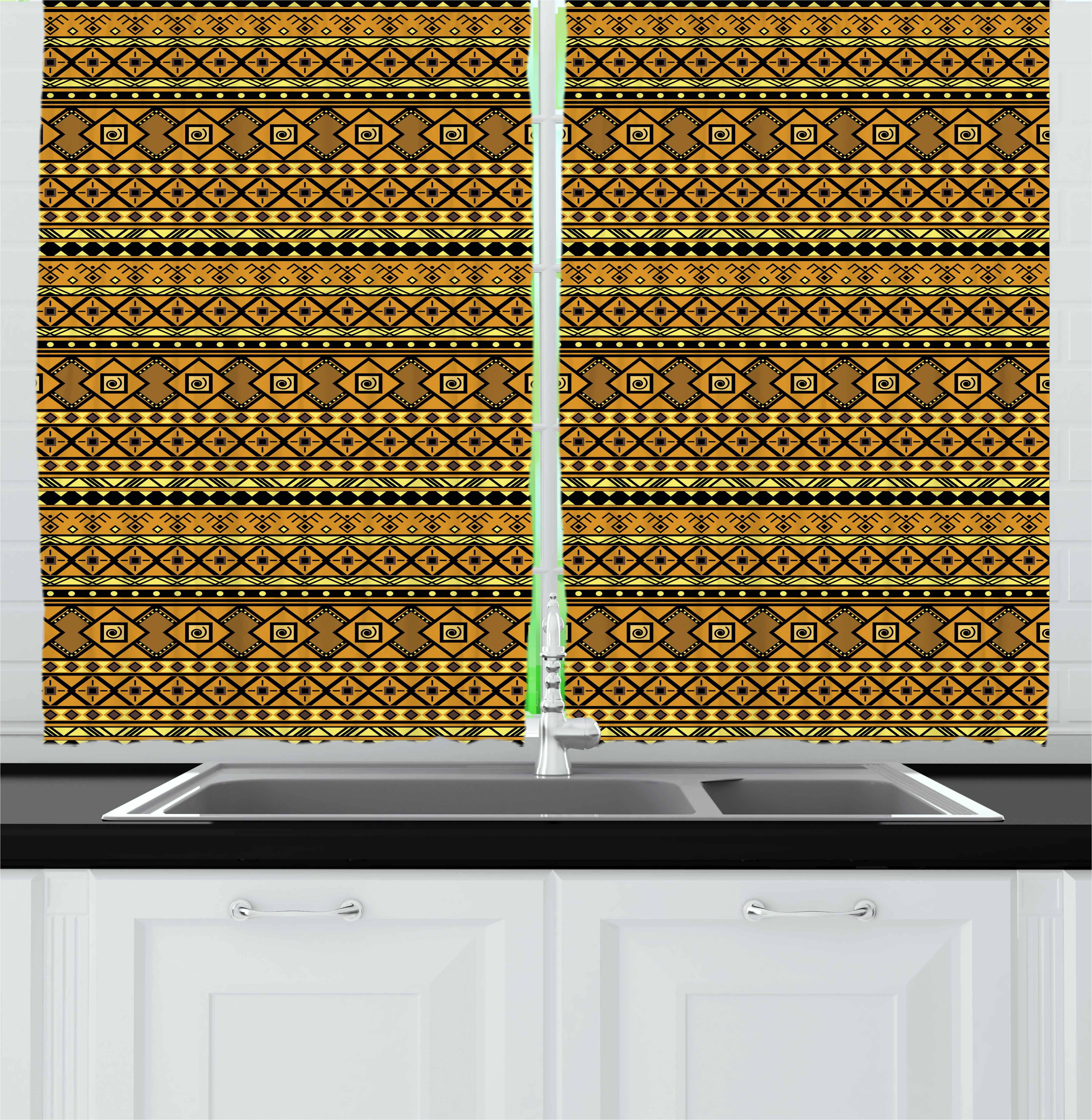 Tribal Curtains 2 Panels Set, Geometric Pattern with African Ethnic