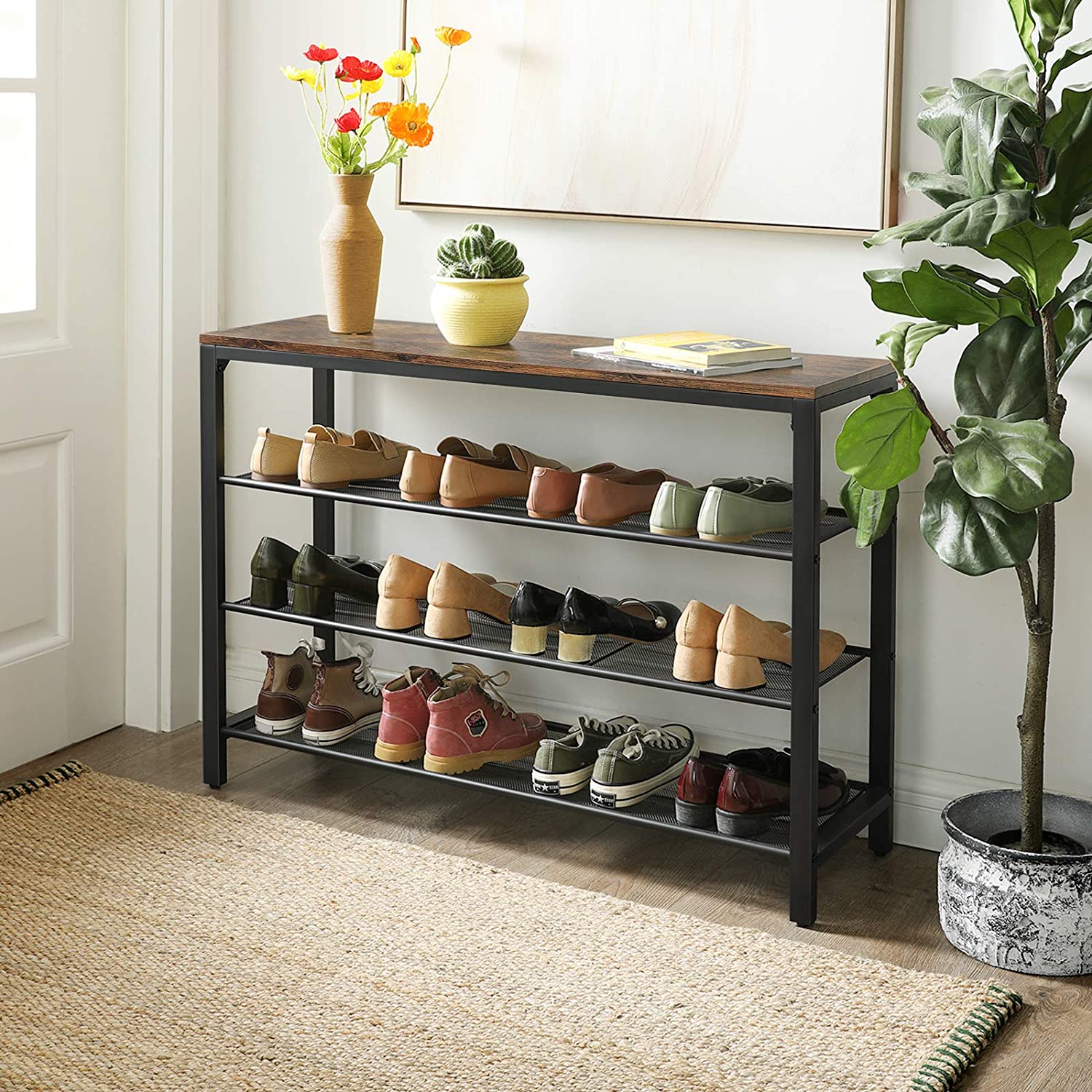 VASAGLE INDESTIC Shoe Rack Shoe Organizer with 3 Mesh Shelves 5 pairs of shoes Rustic Brown and Black