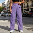 thumbnail image 4 of ZHYou No Boundarie Cargo Pants for Women High Waist Button Wide Leg Loose Fit Straight Casual Work Trousers with Multiple Pockets,Purple,Size M, 4 of 7
