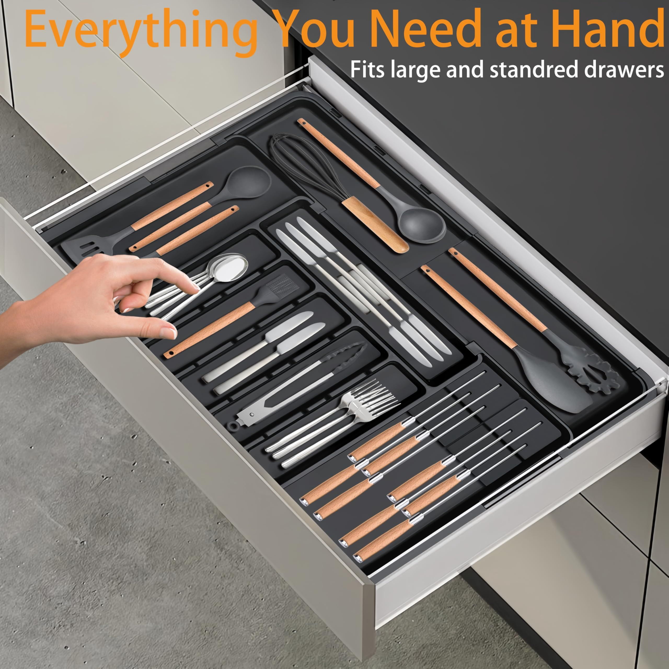 Silverware Organizer - Expandable Large Kitchen Drawer Utensil with 2 Removable Knife Blocks, 22"x 19"Cutlery Tray Dividers for Flatware(6-9 Slots) (Black)