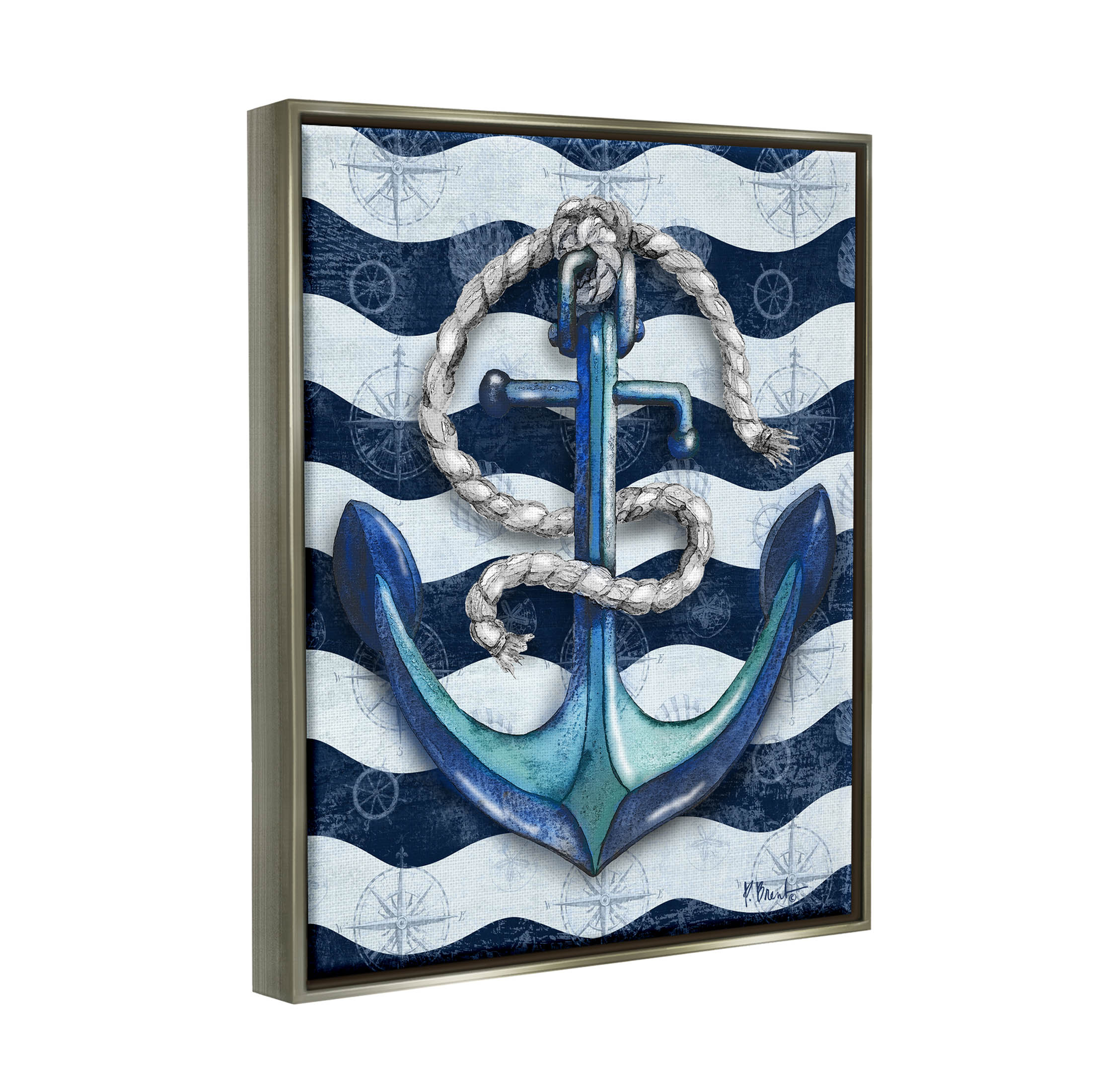 Stupell Industries Nautical Anchor Wavy Navy Stripes Graphic Art Luster Gray Floating Framed Canvas Print Wall Art, Design by Paul Brent
