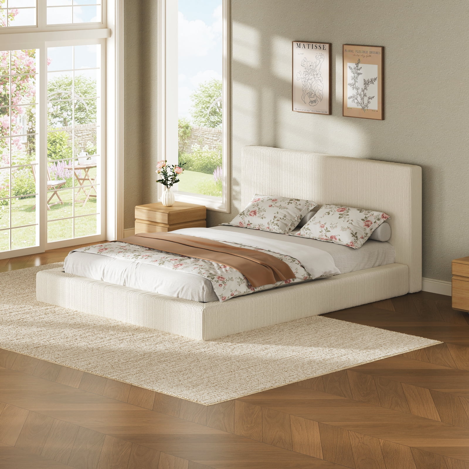 Queen Size Upholstered Bed Surround, Soft Corduroy Cushioned Bed Surround with High-Density Sponge, Low Profile Bedroom Bed Surround, Cream, Bed Frame Not Included