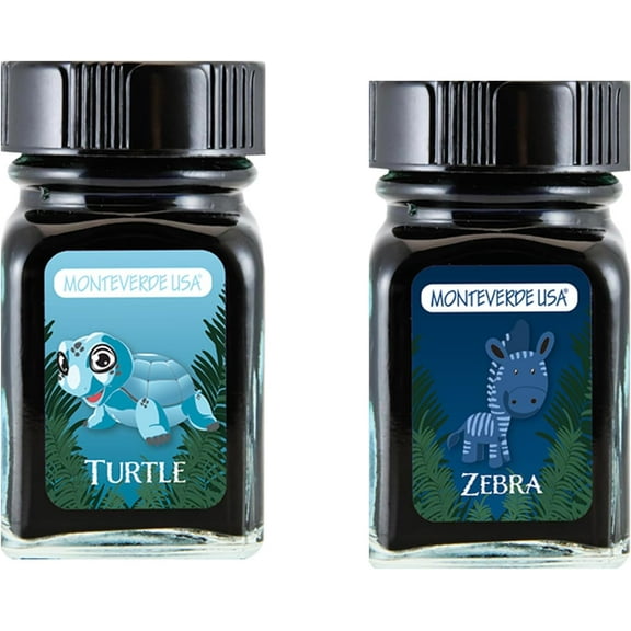 Monteverde 60ml Ink, Turtle (Turquoise), Zebra (Blue) Jungle Ink (G309TU, G309ZE) Fountain Pen Ink (30ml Each Ink Bottle, 2 Pack)