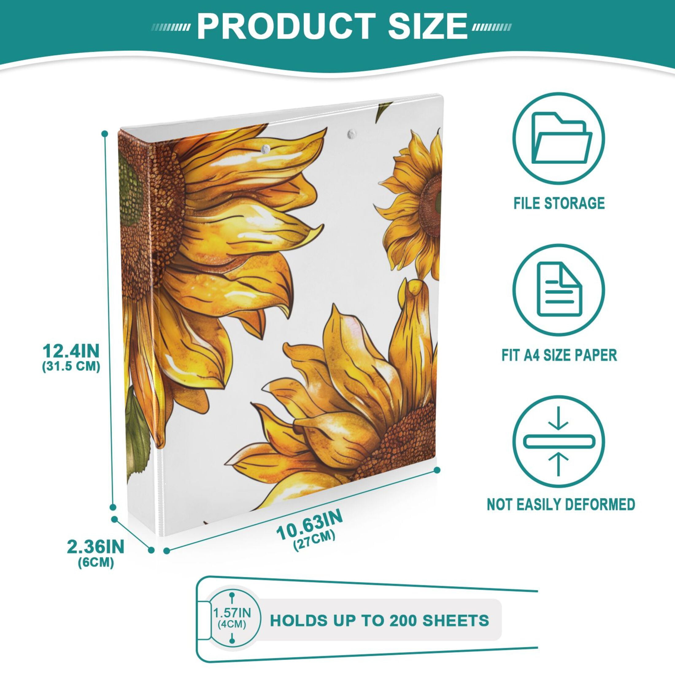 Sunflower in White 3 Ring Binders 1.5 inch Hardcover File Folders with Interior Pockets A4 Size Organizer for School Office Hospital