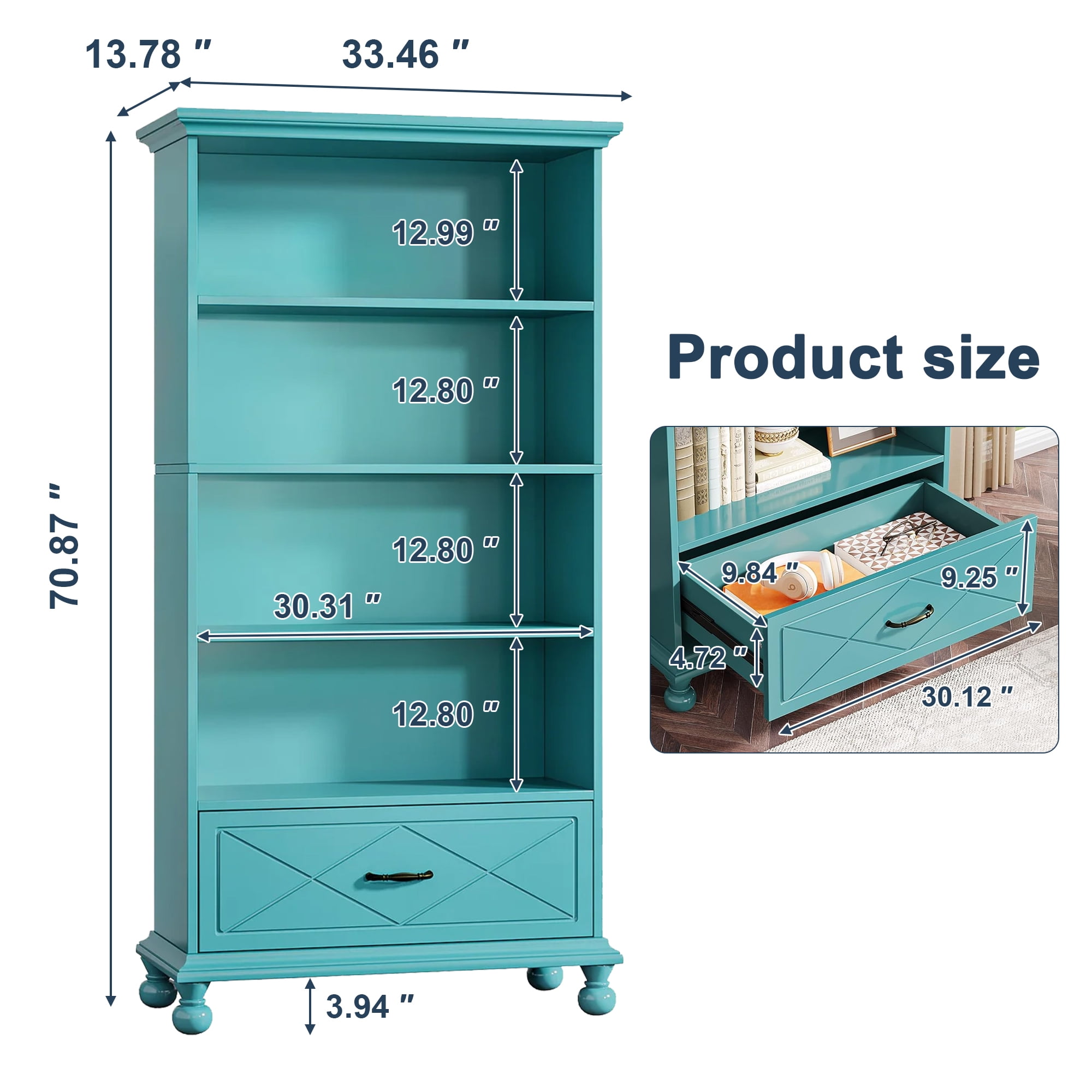 Demi Bonn 6-Shelf Bookcase with Drawer, 71" Bookshelf with Solid Wood Legs for Bedroom, Living Room, Ocean Blue