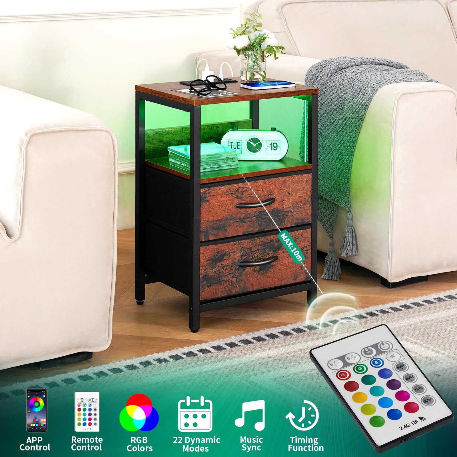 Nightstand with Charging Station, Small Night Stand Fabric Drawers and Storage Shelf for Bedrooms, Nightstands Spaces, Bedside Table USB Ports & Outlets, Brown