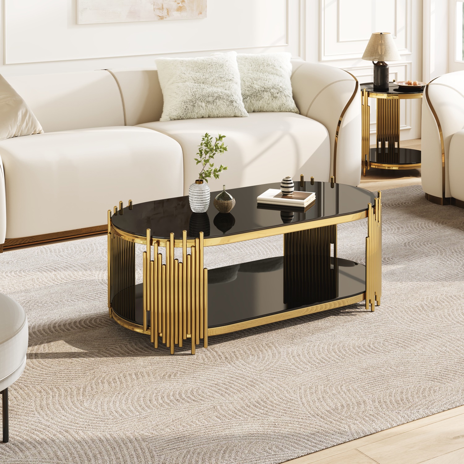 Hommoo Modern Oval Coffee Table with 2-Tier Tempered Glass Shelves, Stainless Steel Organ Pipe Base, Living Room Center Table, Black & Gold