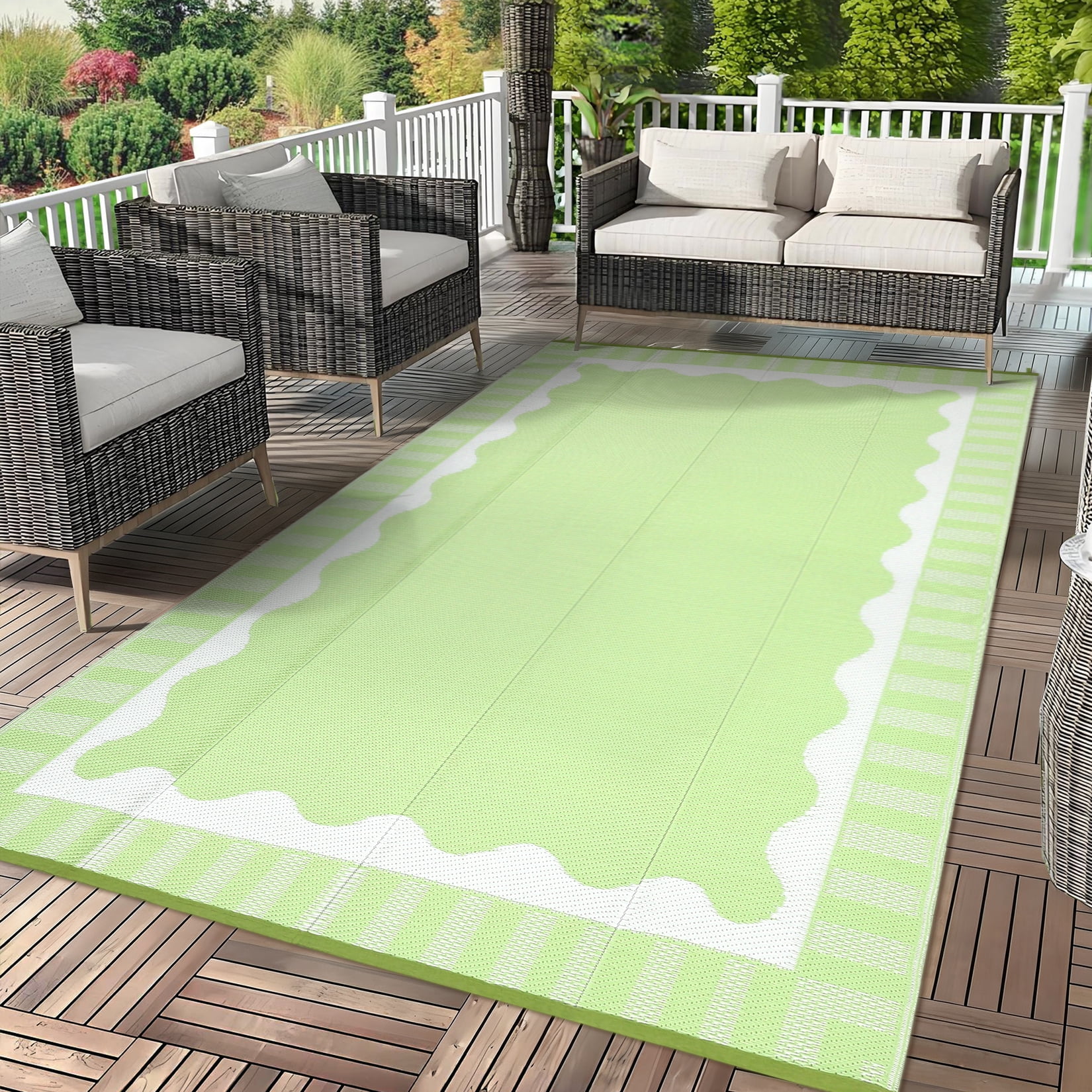 Garvee 9x12ft Outdoor Rug Modern Simple Reversible Area Rug, Plastic Straw Rug Waterproof Outdoor Carpet with Bordered Design for Patio Backyard Camping Beach RV Porch, Light Green