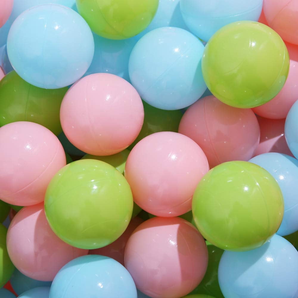PlayMaty Colorful Pit Balls 100 Pcs Phthalate Free BPA Free Plastic Balls Crush Proof Stress Balls for Kids Playhouse Ball Pool Pit Accessories 2.2Inches(Green Pink Blue)