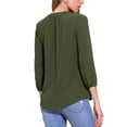 thumbnail image 3 of Camisa de botón V con cuello en V Inspire Chic para mujer, blusa casual de manga 3/4 con ribete plisado, talla XS, verde militar, 3 of 6