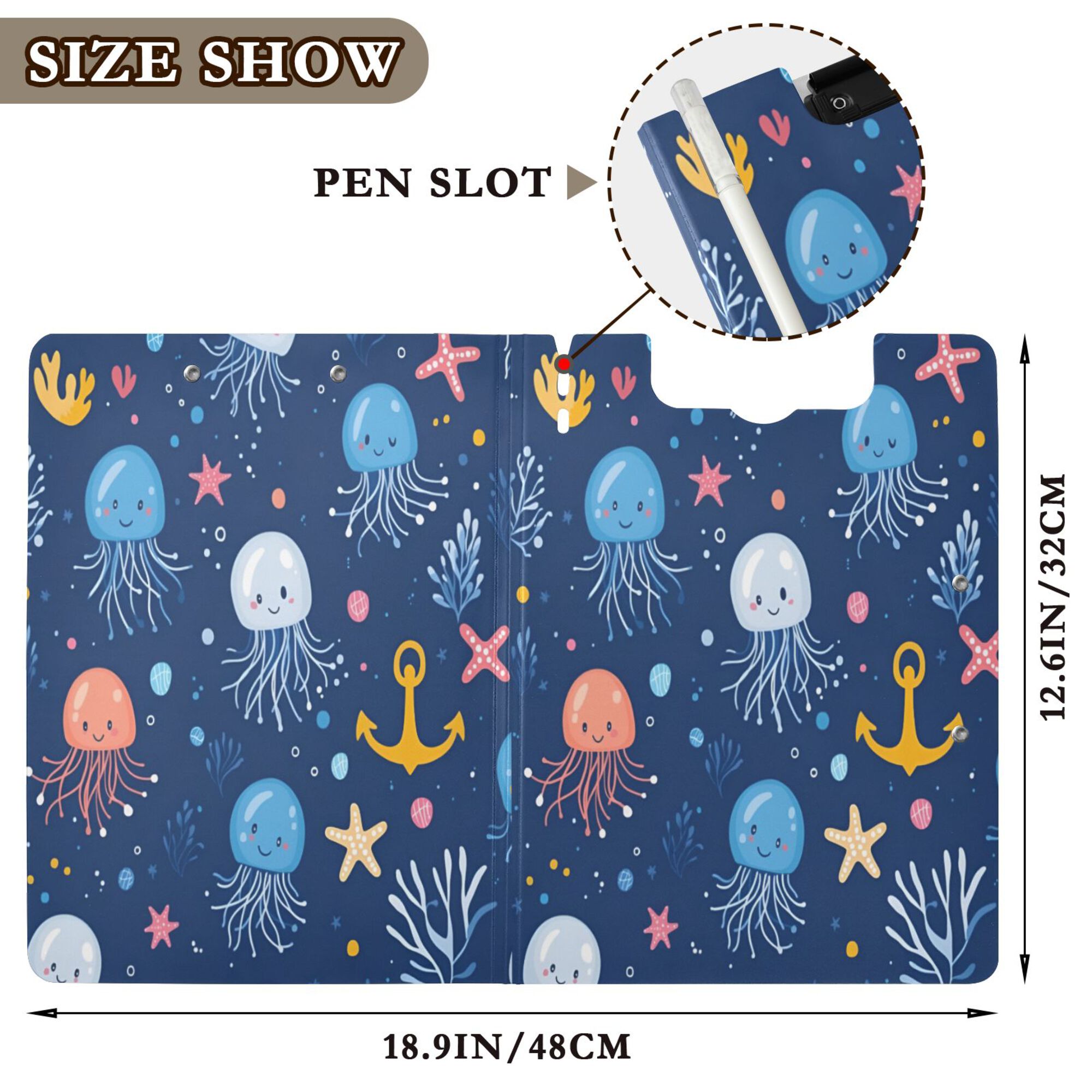 FORMRS A4 Clipboard Folder with Pen Holder Horizontal Foldable School Office Binder, Blue Jellyfish