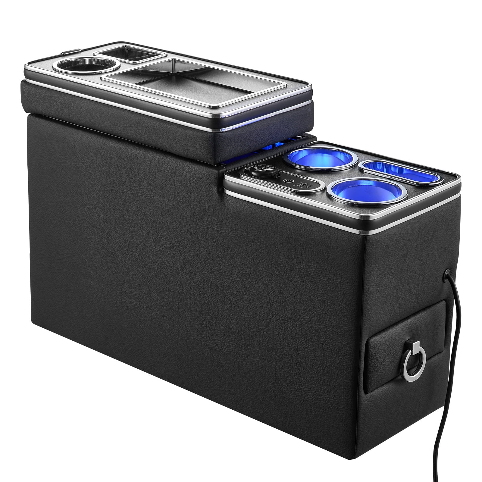 KFFKFF Center Console Storage Box with 7-Color Ambient Lighting, USB/Type-C/Cigarette Lighter Ports, Floor Organizer with Cup and Phone Holders for Trucks, SUVs, and Minivans