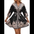 thumbnail image 1 of Vestido Mini Informal con Cuello en V, Estampado Floral, Mangas Farol y Botones para Mujer. Negro L, 1 of 7