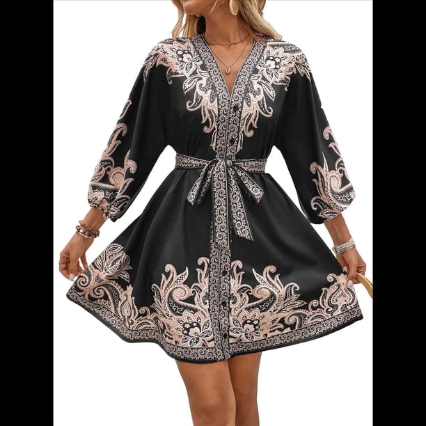 Vestido Mini Informal con Cuello en V, Estampado Floral, Mangas Farol y Botones para Mujer. Negro M