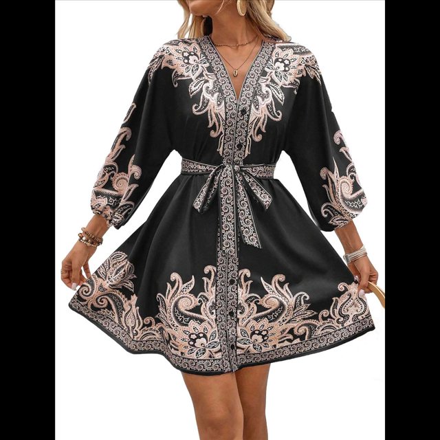 Vestido Mini Informal con Cuello en V, Estampado Floral, Mangas Farol y Botones para Mujer. Negro L