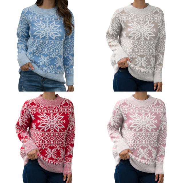 Chandail de Noël pour Femmes, Commerce Extérieur Automne et Hiver, Chandail à Tête Flocon de Neige
