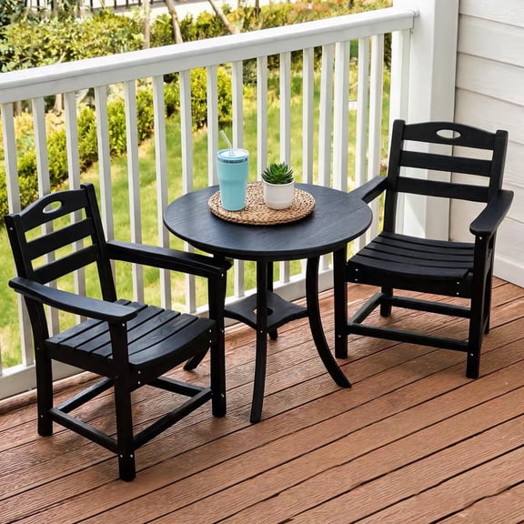 Lyuhome 3 PCS HDPE Outdoor Bar Height Bistro Set with Round Table, Umbrella Hole and 2 Armchairs, Black