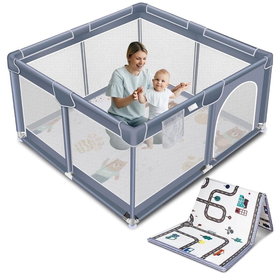 kmaier Baby Playpen , Large Indoor and Outdoor Play Yards, 360° Visibility , for Toddler-Grey