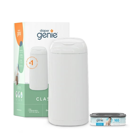 Diaper Genie Classic Pail,White,1 Diaper Pail,1 Square Refill - 165 Ct