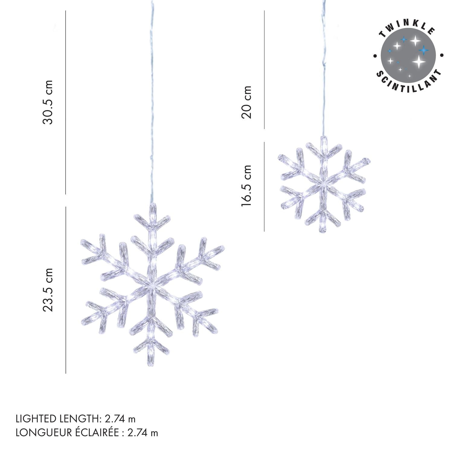 10 MIXED SIZE TWINKLING WHITE SNOWFLAKE ICICLE LIGHTS, 150 PURE WHITE LED, INDOOR/OUTDOOR