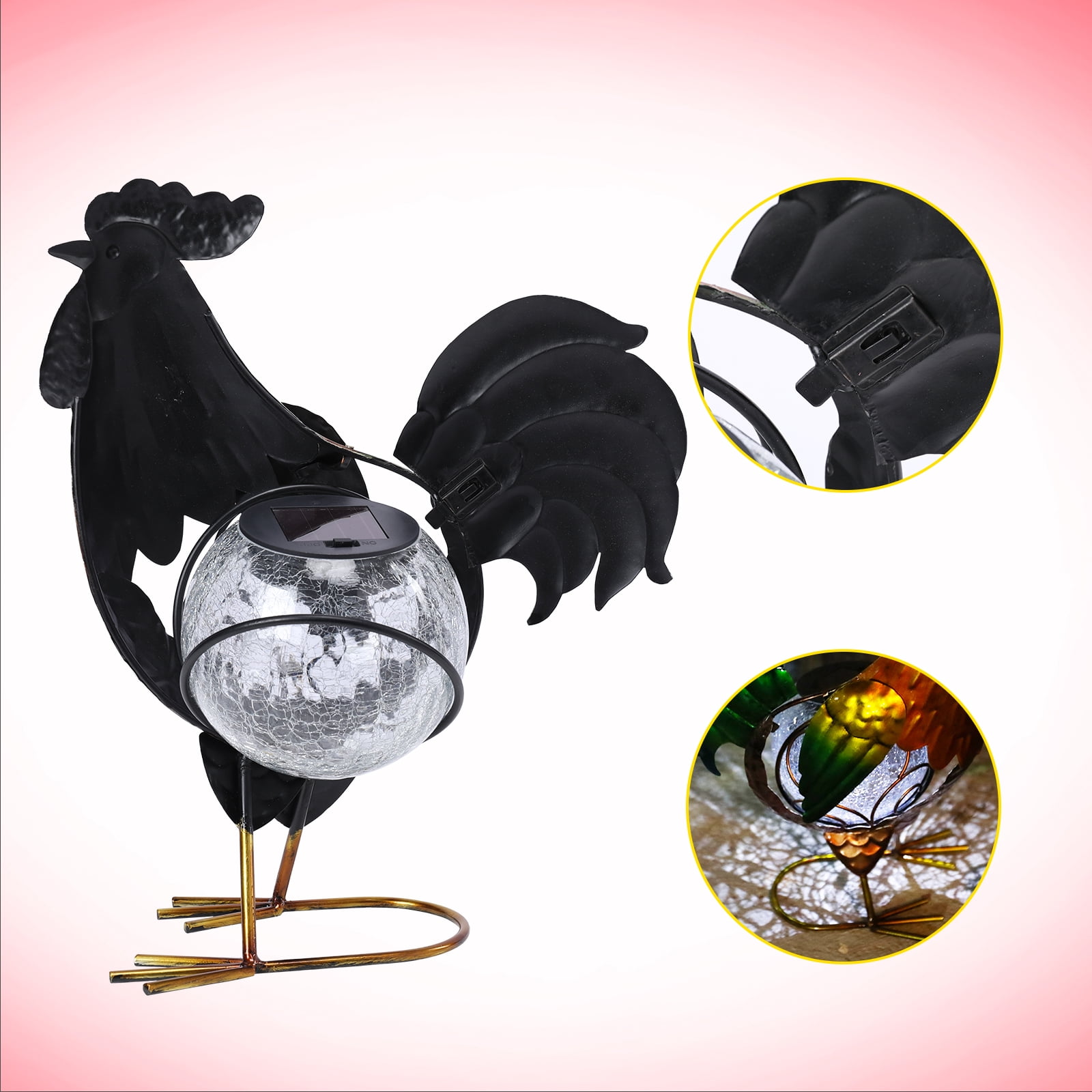 Chicken Statue,Rooster Solar Lights Outdoor Garden Decor, Rooster Solar Light with Crackle Glass Globe Gardening Statue Gifts and Metal Statue ,for Lawn Porch Patio Outside Garden