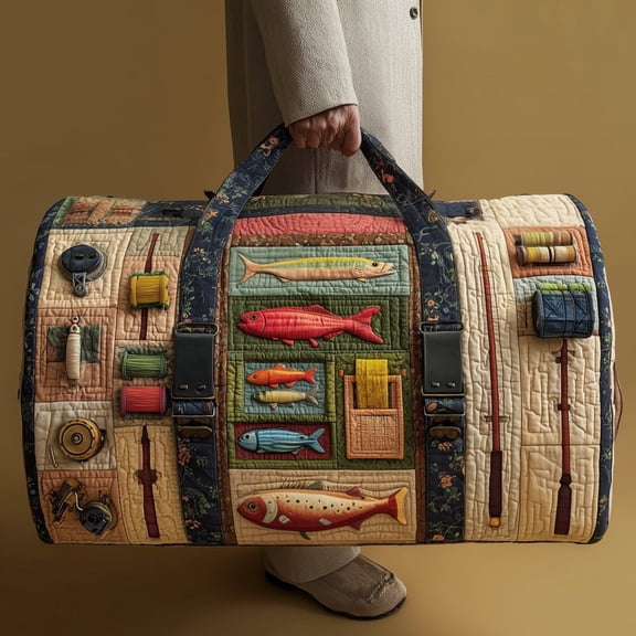 Fishing Delights Quilted Duffle Bag, Quited Travel Tote Bag, Quited Weekender Travel Bag, Carry On Duffle