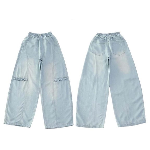 CONZONE Denim Pants for Little Girls Straight Leg Jeans for Girls Elastic Waist Lightweight Fall Trousers with Pockets Size 5-6 Years