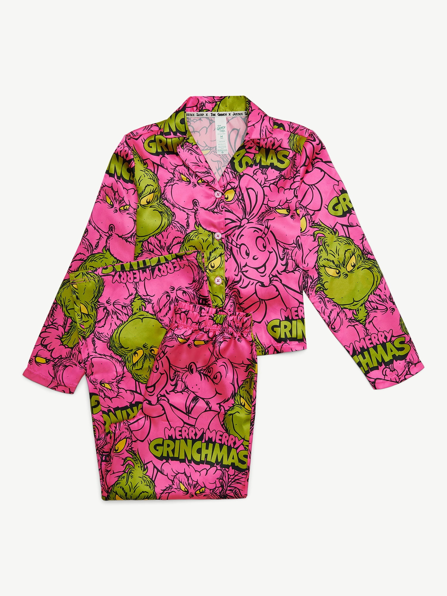 Justice x Grinch Girls Long Sleeve Notch Collar Sleep Top and Sleep Pants, 2-Piece, Sizes 4-18