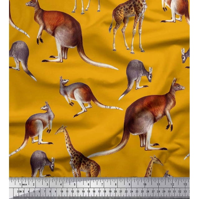 Soimoi Gold Satin Silk Fabric Kangaroo & Giraffe Animal Decor Fabric Printed Yard 42 Inch Wide