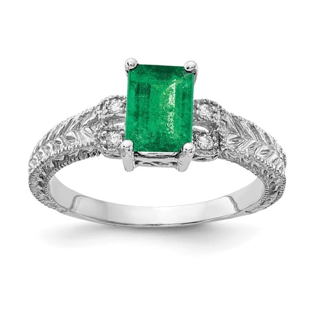 14k White Gold Ring Gemstone Womens Diamond 0.04 ct 1 7x5mm Emerald Cut AA