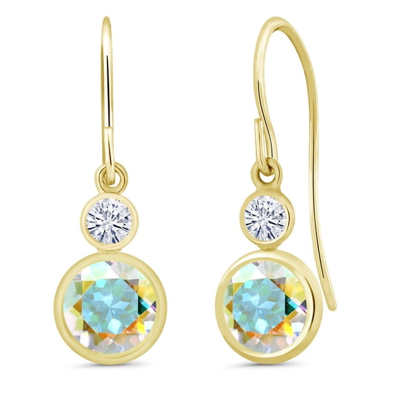 Gem Stone King 14K Yellow Gold Mercury Mist Mystic Topaz and White Moissanite Drop Dangle Earrings for Women (2.20 Cttw, Gemstone November Birthstone, Round 6MM and 3MM)