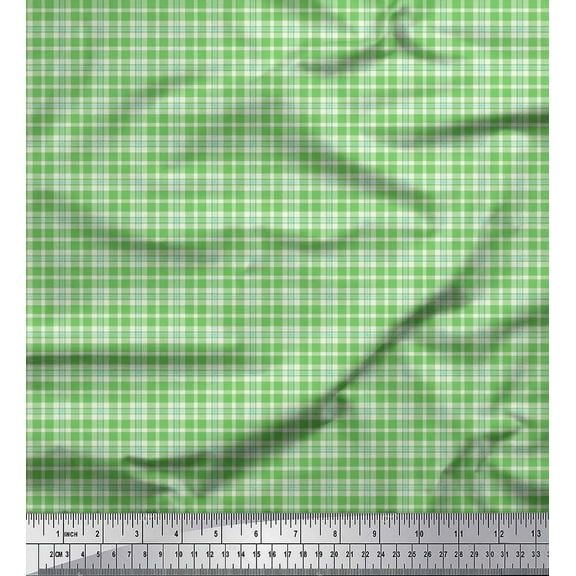 Soimoi Green Cotton Duck Fabric Gingham Check Printed Fabric 1 Yard 42 Inch Wide