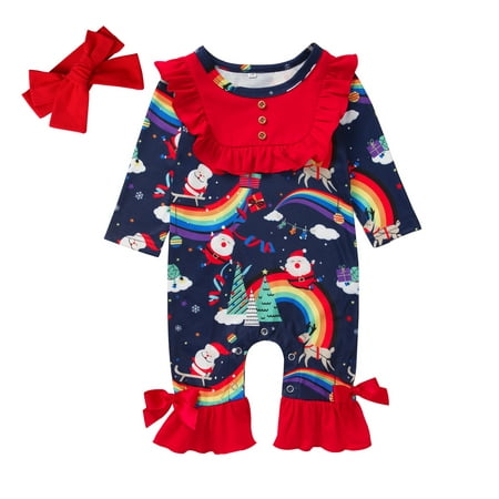 

Newborn Infant Kids Baby Girl Christmas Rainbow Santa Claus Print Long Sleeve Button Romper Jumpsuit Playsuit Clothes