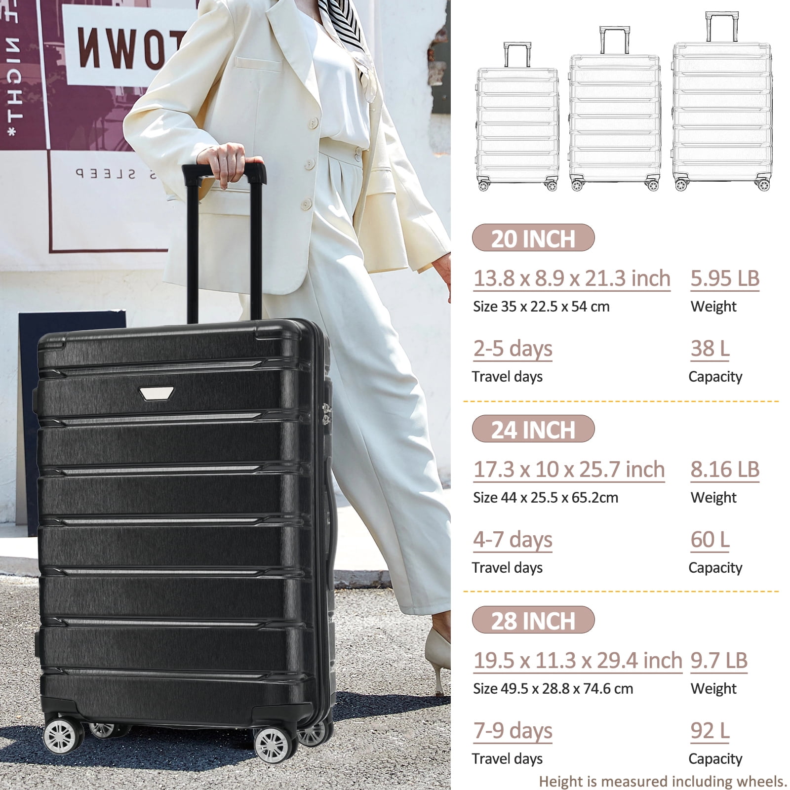 20" Carry on Luggage Set, 24" Hardshell Checked Luggage, 28" Large Travel Suitcase Set with Spinner Wheels for Men Women, Black
