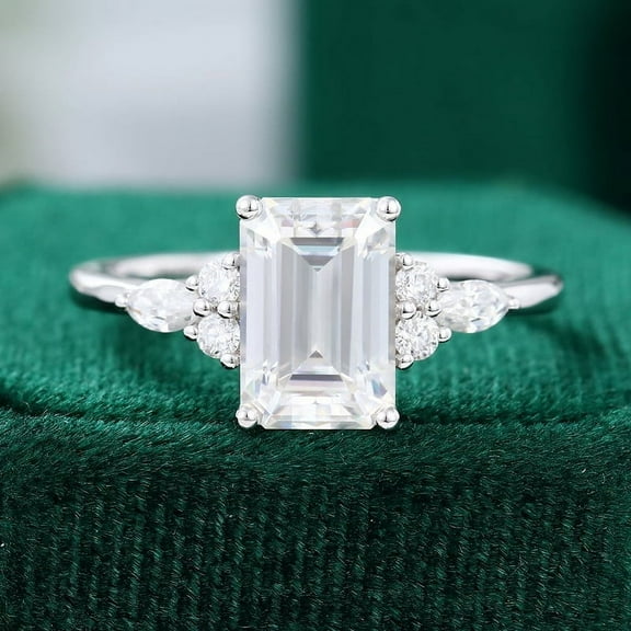 Silvago Jewel 14K White Gold Over Ring - 2.2 Ct Emerald Cut Diamond Rings - Engagement Wedding Promise Ring for Her - Silver Diamond Beautiful Special Occasion Rings - Special Occasion Ring Women's