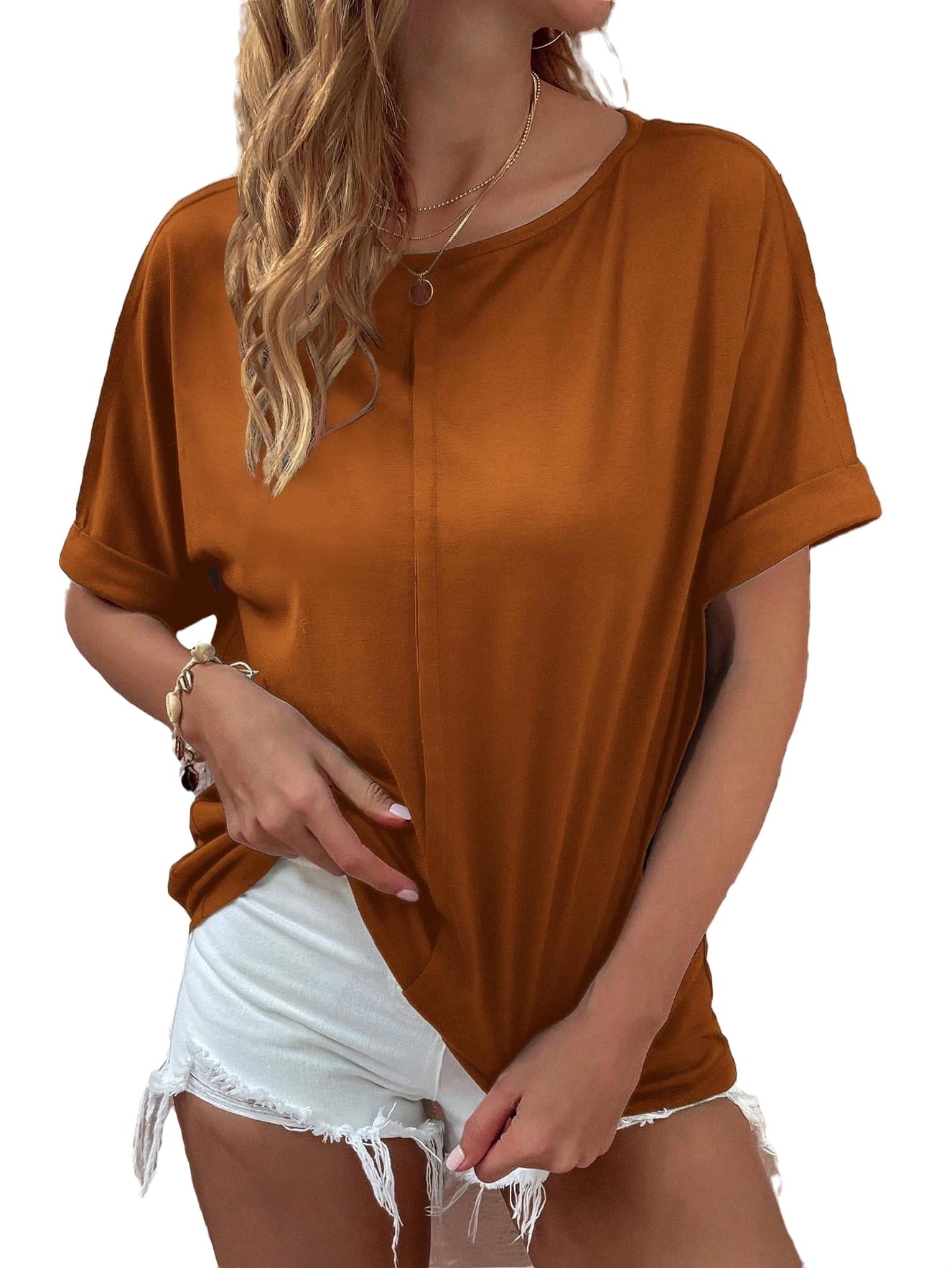 Women's TShirts Casual Solid Round Neck Rust Brown L