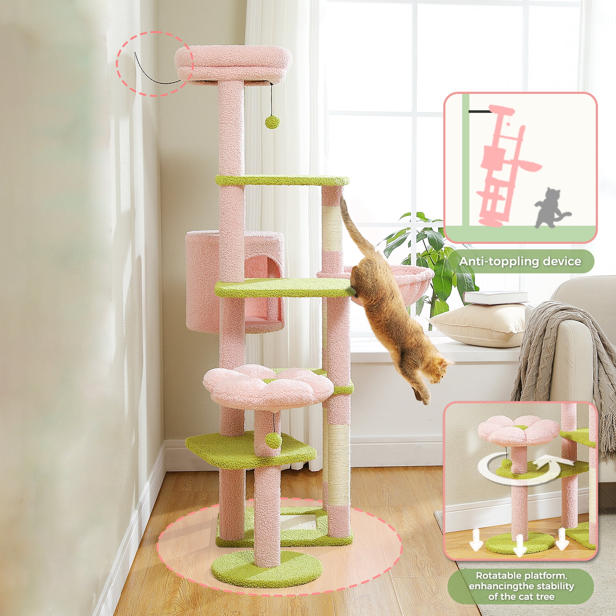 Pefilos 59" Multi-Level Cat Tree House with Large Hammock, Scratching Post, 2 Perches, Cat Tower with 3 Removable Pompom Sticks, Cat Condo, Pink Pefilos 59" Multi-Level Cat Tree House with Large Hammock, Scratching Post, 2 Perches, Cat Tower with 3 Removable Pompom Sticks, Cat Condo, Pink