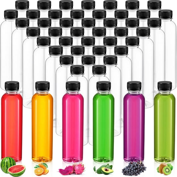 50 Pcs 10 oz Clear Plastic Juice Bottles with Caps Reusable Empty Sensory Bottles Bulk Disposable Drink Storage Containers for Juicing, Drinking and Other Beverages