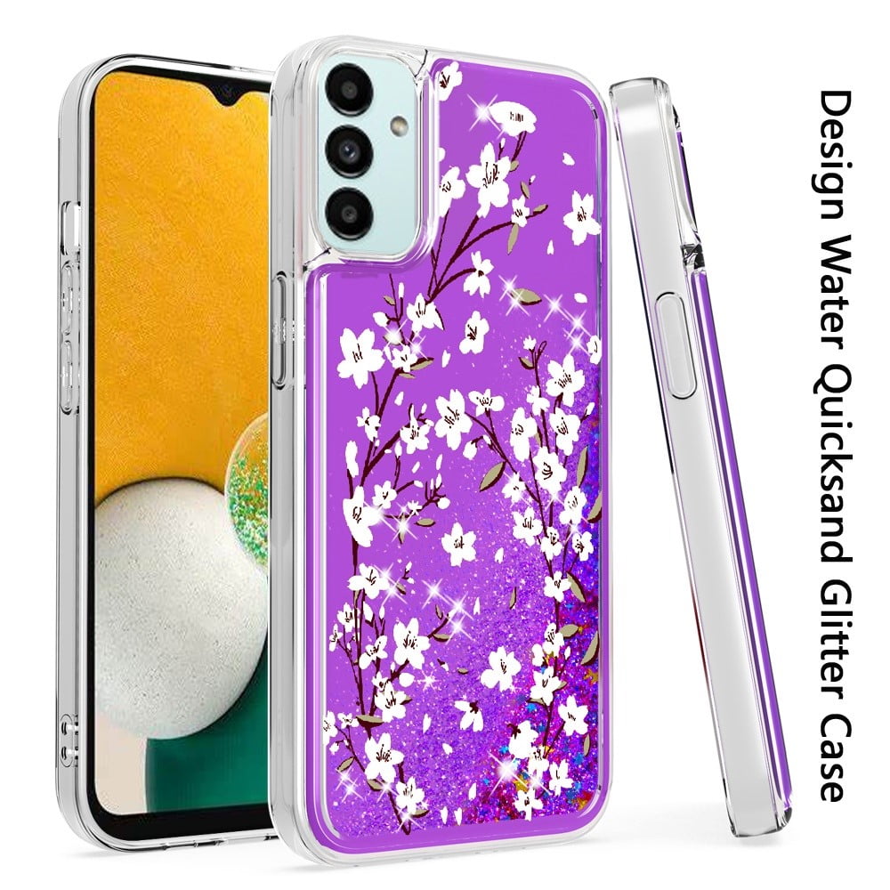 For Samsung Galaxy A13 5G Floral Design Quicksand Water Liquid Floating  Glitter Bling Flower Fashion TPU Hybrid Cover ,Xpm Phone Case [Cherry  Blossom Purple] 