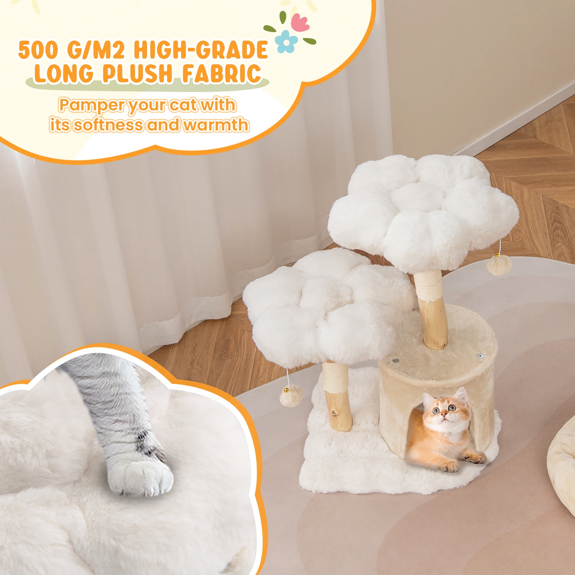 Gymax Cute Solid Wood Cat Tree Natural Branch Modern Flower Cat Tower w/Soft Long