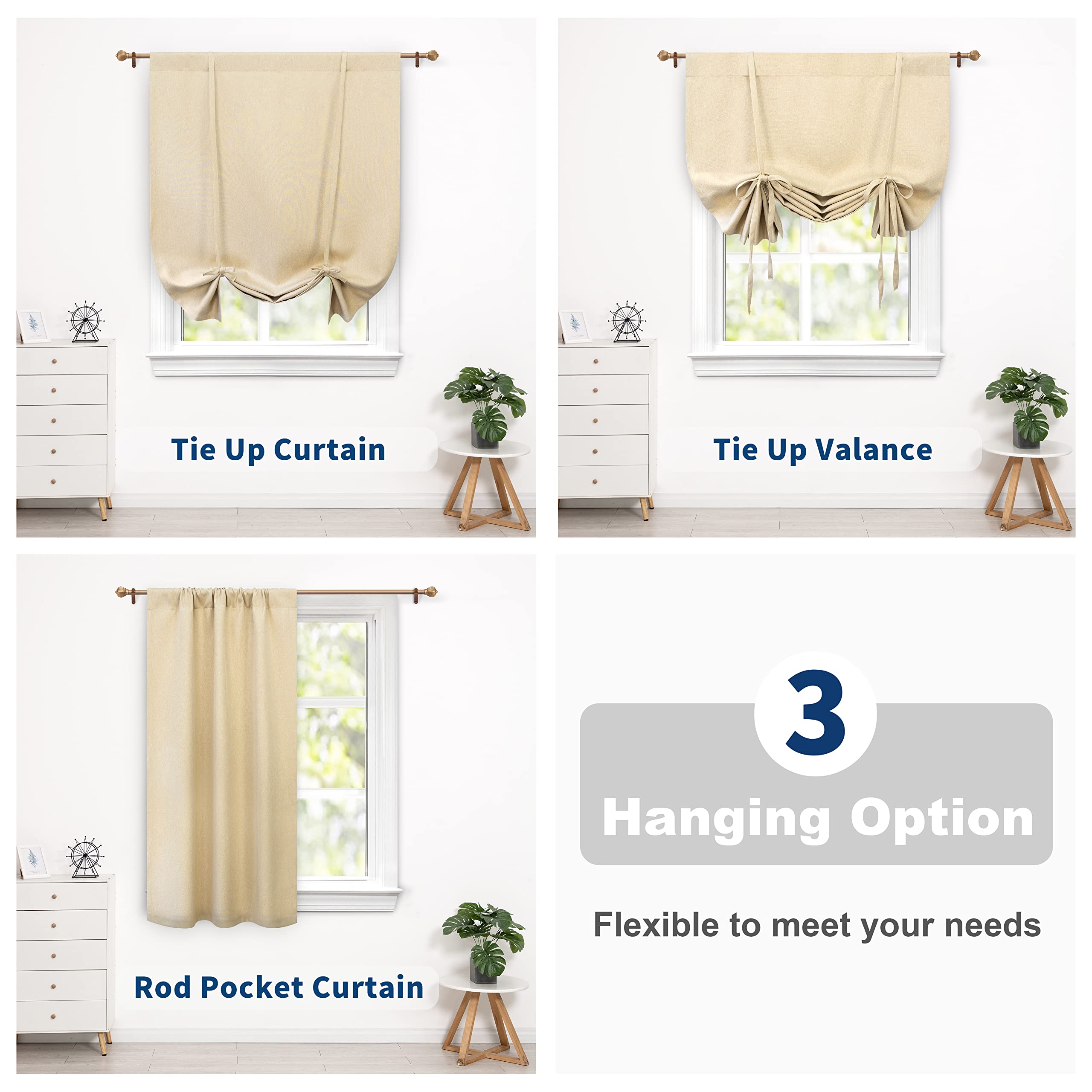 DriftAway Faux Linen Textured Solid Color Blackout Tie Up Curtain for Kitchen Decorative Adjustable Balloon Rod Pocket Window Curtains for Small Window 63"L x 42"W Beige