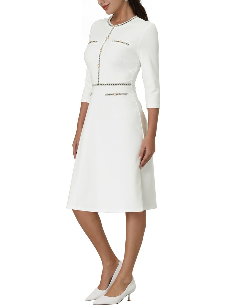 Inspire Chic Women's A-Line Dress Contrast Color Wear-to-Work Tweed Trim Dresses 2XL White