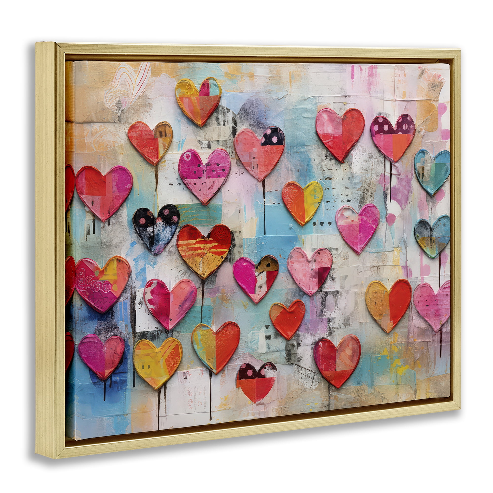 Stupell Industries Playful Urban Hearts Pattern Abstract Painting Gold Floater Framed Canvas Art Print Wall Art, 21 x 17