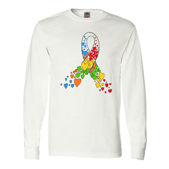 Inktastic Autism Awareness Red Yellow Green Orange Blue Heart Ribbon Long Sleeve T-Shirt