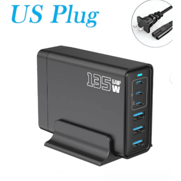 135W GaN 6-Port USB C Charging Station Hub with Holder, Fast Charger Block for MacBook Pro/Air, Dell, iPad, iPhone, Samsung Galaxy