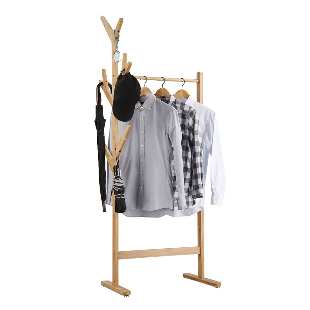Oxkers Clothes Garment Rack – Wooden Coat Rack Stand with 8 Side Hooks, Single Rail, Holds up to 44 lbs, 25.6" W x 15.7" D x 67" H