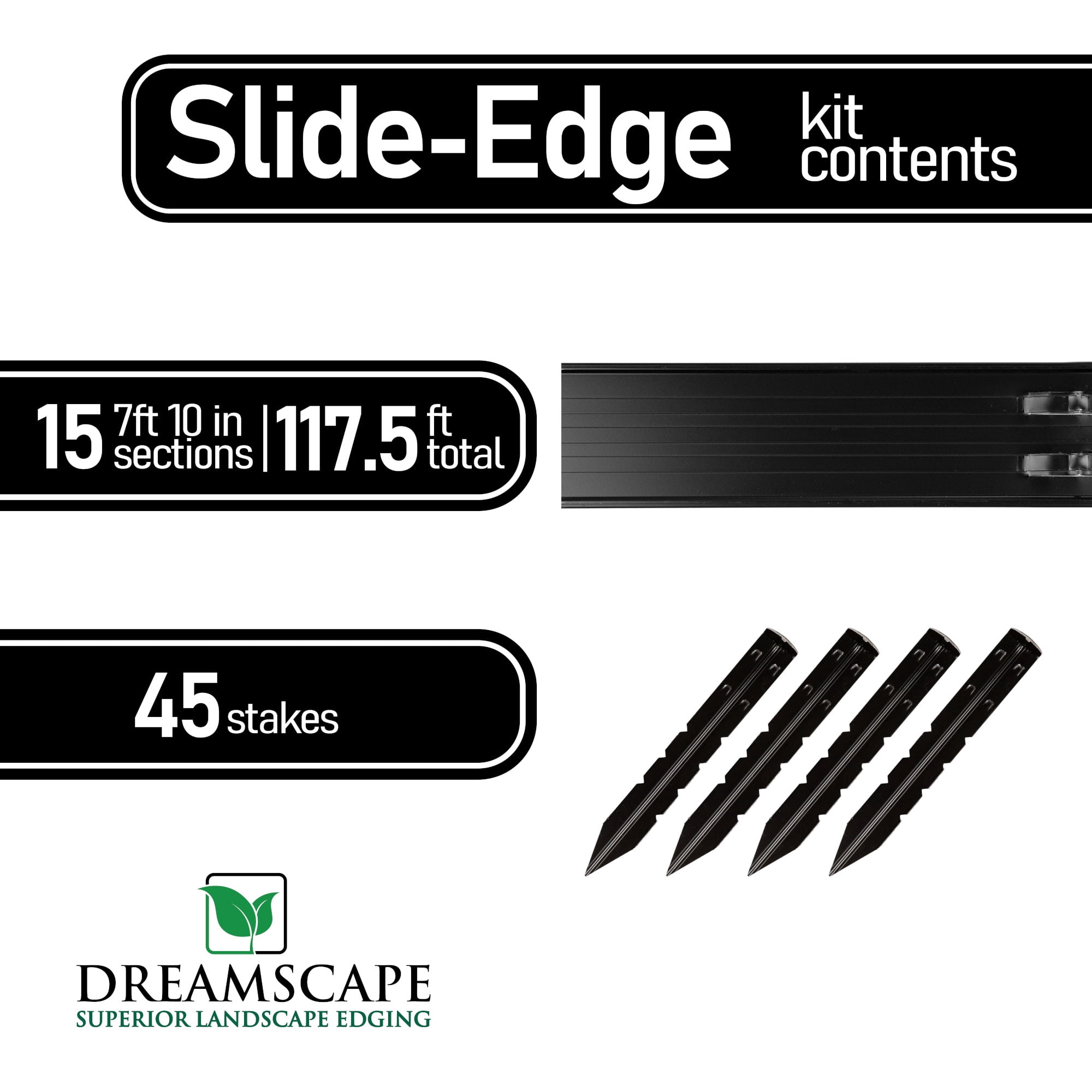Dreamscape SlideEdge Aluminum Landscape Edging - 16 Strips, 7'10"ft Each (117.5ft Total), Black Paint - Professional Quality Landscaping Border, Metal Divider for Lawn, Garden, Flowerbed