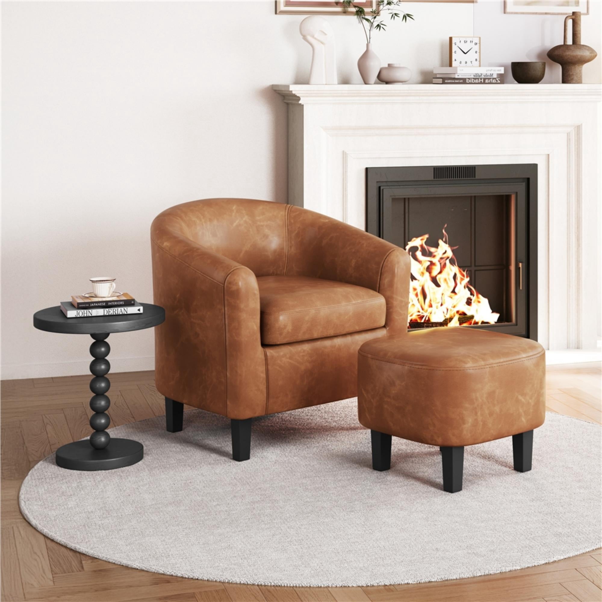 Renwick Barrel Accent Chair with Ottoman, Brown Faux Leather